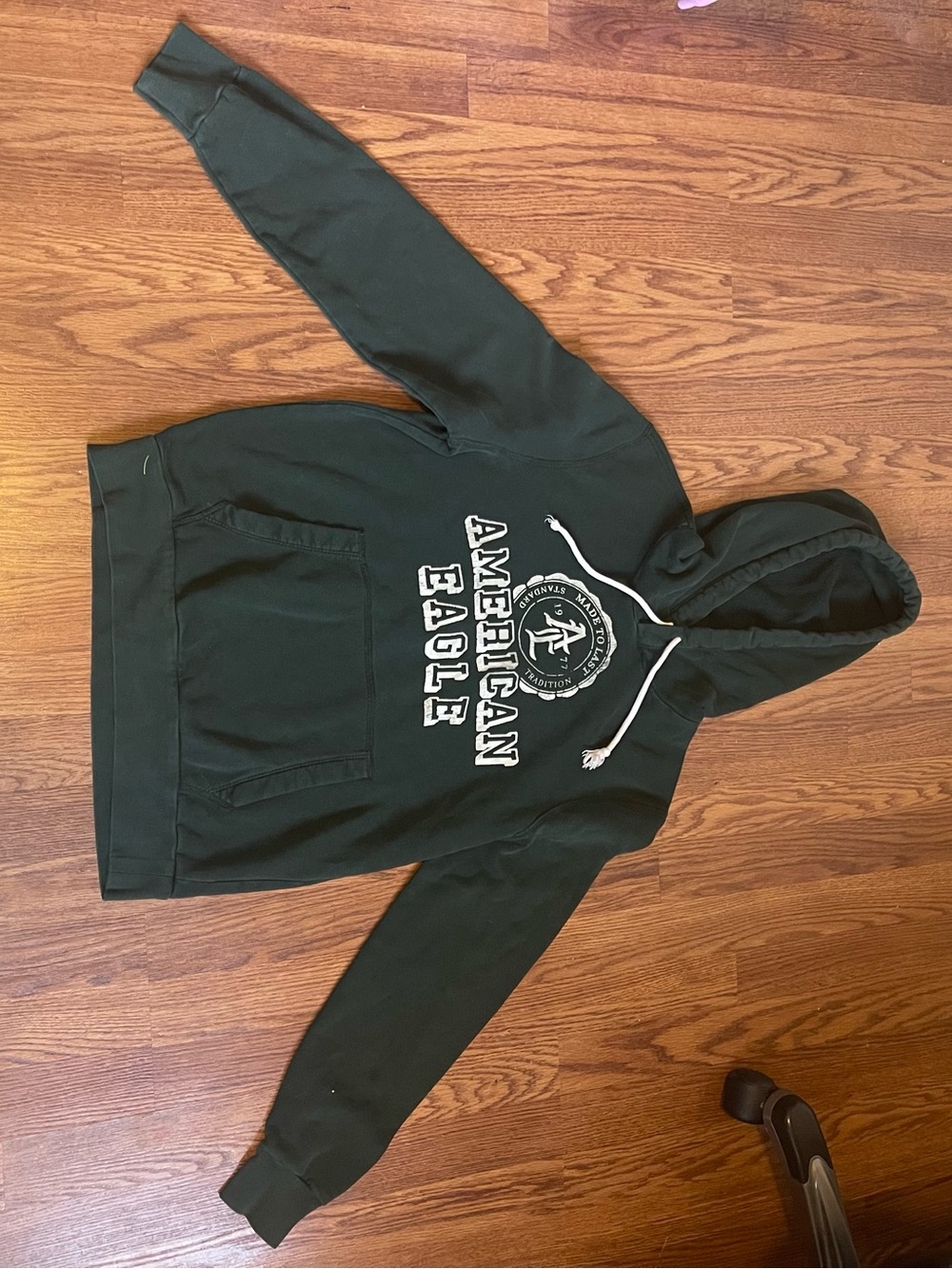 American Eagle Outfitters Forest Green Pullover Hoodie with White Drawstrings